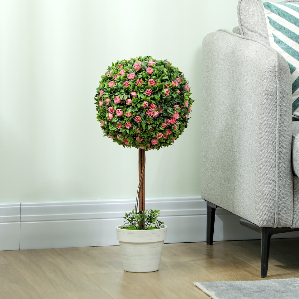 image 1 of HOMCOM Set of 2 Decorative Artificial Plants, Ball Topiary Tree with Rose Flower in Pot, Fake Plants for Home Indoor Outdoor Decor, 60cm, Pink