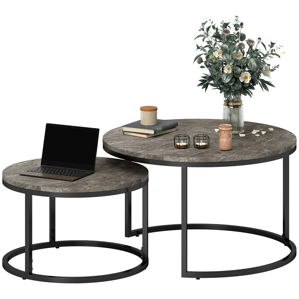 image 1 of HOMCOM 2 Pcs Stacking Coffee Table Set Steel Frame Marble-Effect Top Foot Pads | Grey | 78.5x78.5x46.5