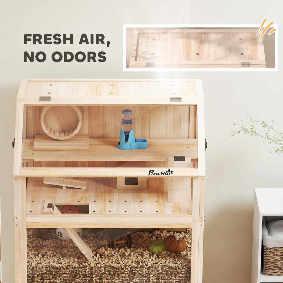 image 1 of PawHut Wooden Hamster Cage, 3 Tier Small Animal Cage with Detachable Lower Floor, Storage Shelf, Hut, Seesaw, Exercise Wheel, Ramps, Hamster Habitat for Dwarf, Gerbil, 80L x 53W x 117H cm, Natural