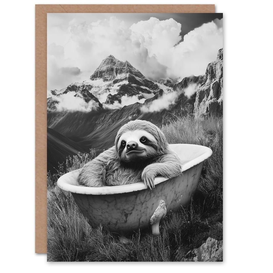 image 1 of Sloth in Bathtub on Mountain Black White Surreal Birthday Greeting Card