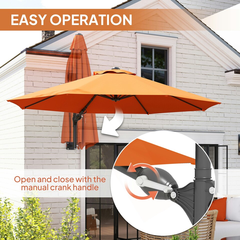 image 1 of Outsunny Sun Parasol with Vent, Wall Umbrella for Patio, Garden, Pool Orange | Orange
