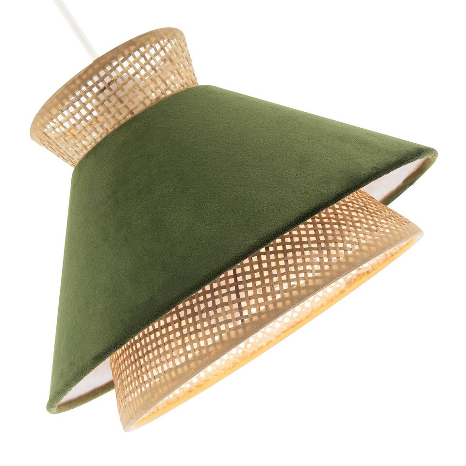 image 1 of Designer Dark Olive Velvet and Natural Rattan Pendant Lighting Shade | Green | Olive Green | 1