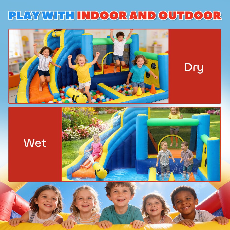 image 1 of AIYAPLAY 8 in 1 Bouncy Castle for Kids, Inflatable Bounce House with Slide | Multi | Light blue base, orange slide, deep blue sides | 350 x 320 x 190 cm