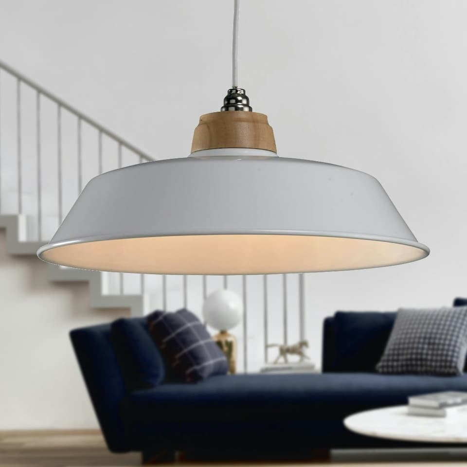 image 1 of First Choice Lighting Set of 2 Jakob Cream Metal and Wood Easy Fit Pendant Shades Cream | Brown