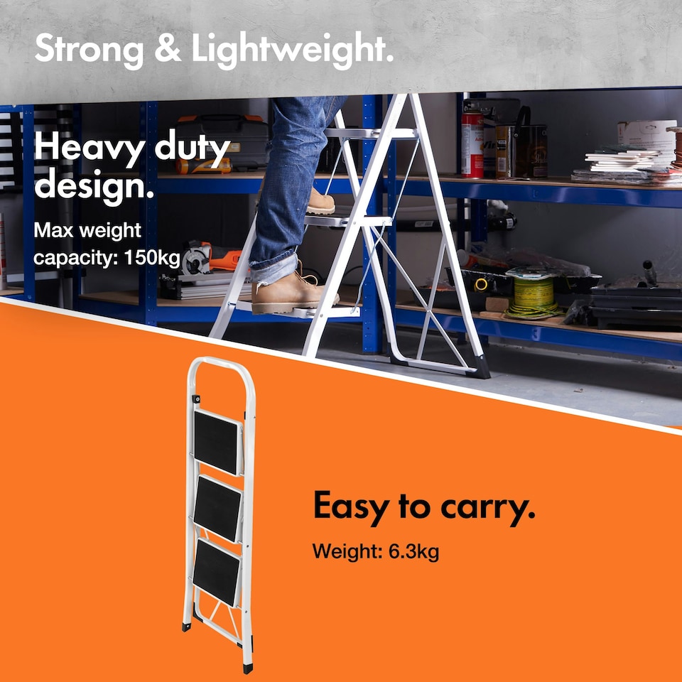 image 1 of VonHaus 3 Steel Folding Step Ladder with Anti Slip Feet