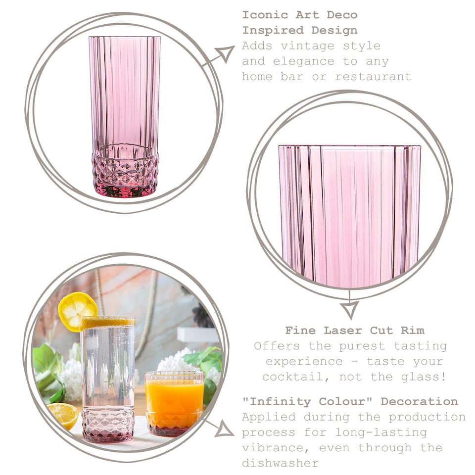 image 1 of Bormioli Rocco America '20s Highball Glasses - 490ml - Lilac Rose - Pack of 6 | Pink | Lilac Rose