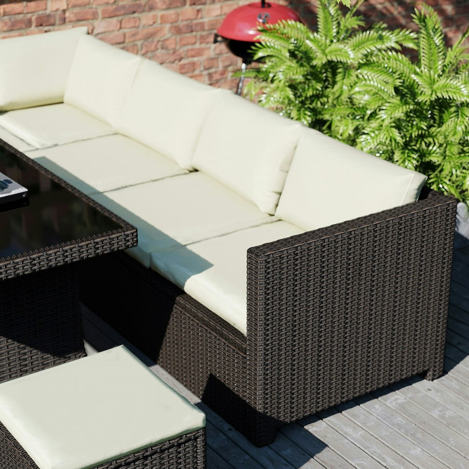 image 1 of Garden Vida Belgrave 9 Seater Rattan Set Sofa Stool Dining Table Ourdoor Garden Furniture, Brown