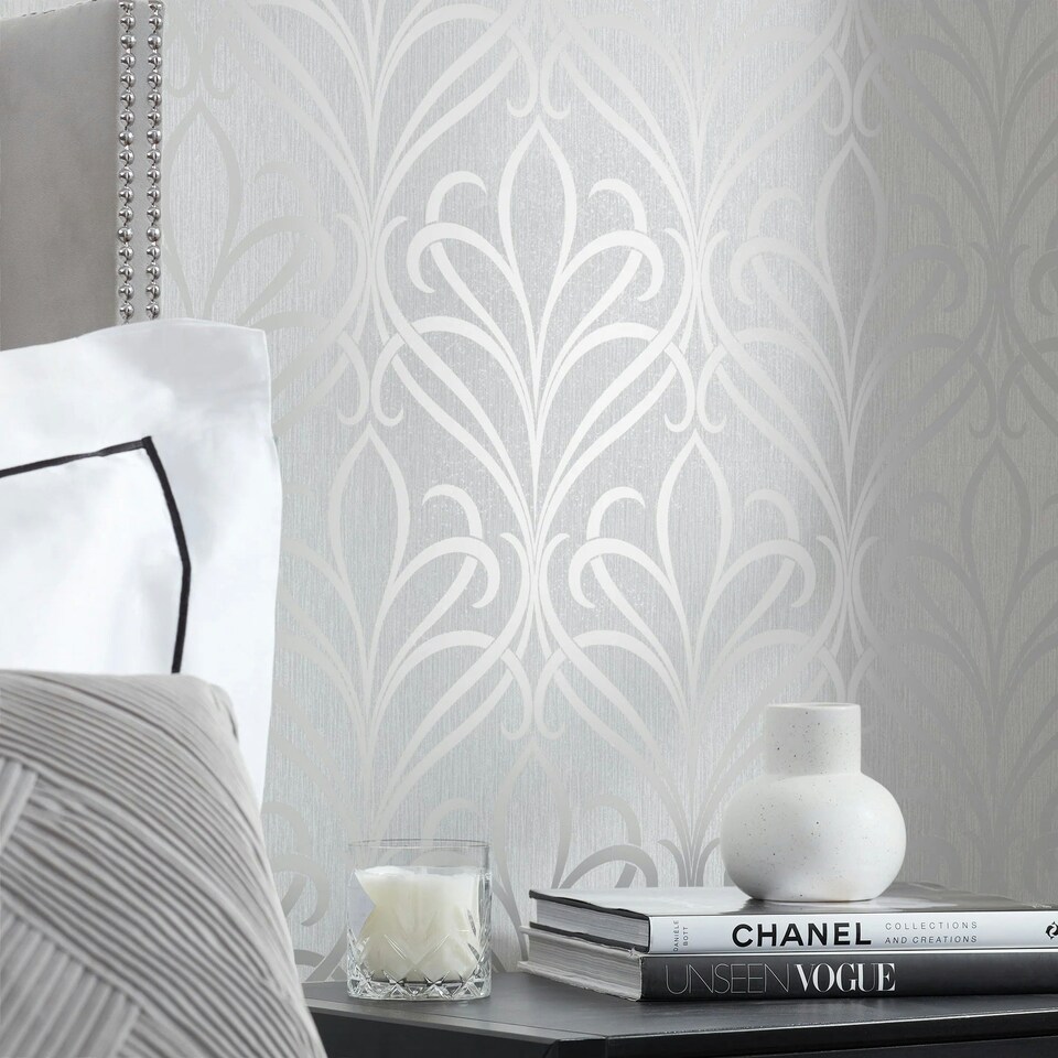 image 1 of Camden Damask Wallpaper in Soft Grey and Silver Multi