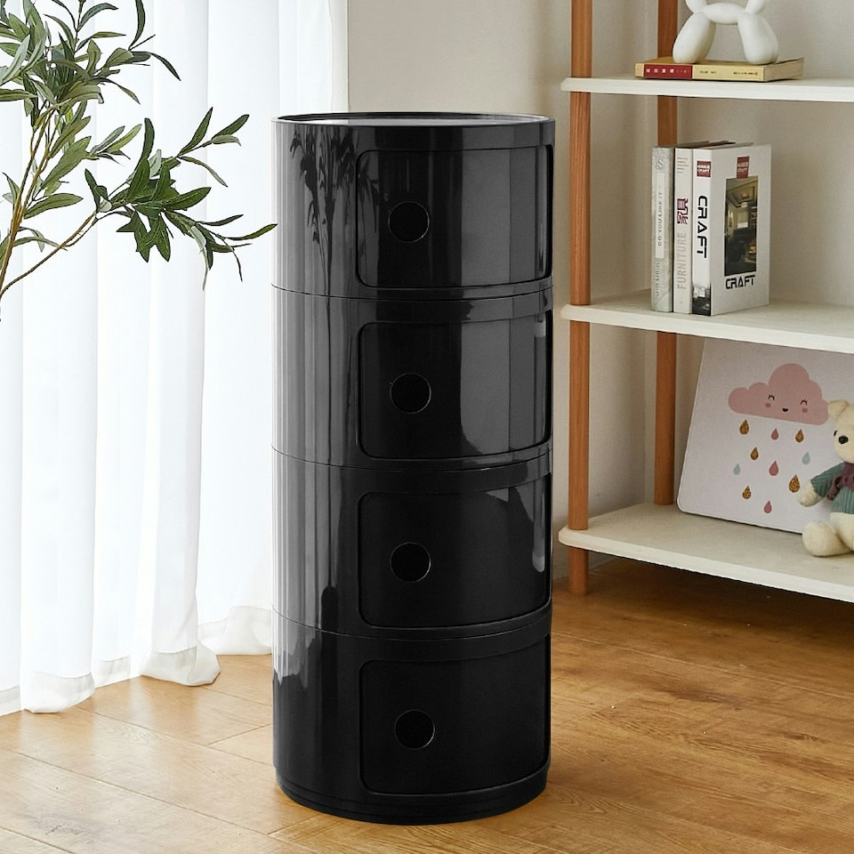 image 1 of Living and Home Cylindrical Multi-Tiered Plastic Storage Drawer Unit - 4 Drawer Black