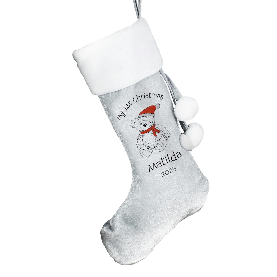 image 1 of Personalised My 1st Christmas Teddy Silver Grey Stocking