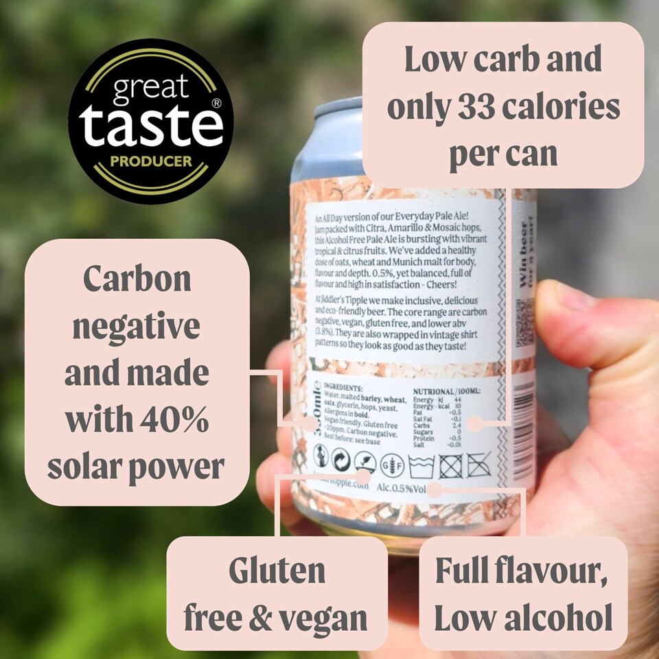 image 1 of Jiddler's Tipple - All Day Pale Ale - Alcohol Free - 0.5% ABV Craft Beer Cans - Vegan Gluten Free Beer - 12 x 330ml