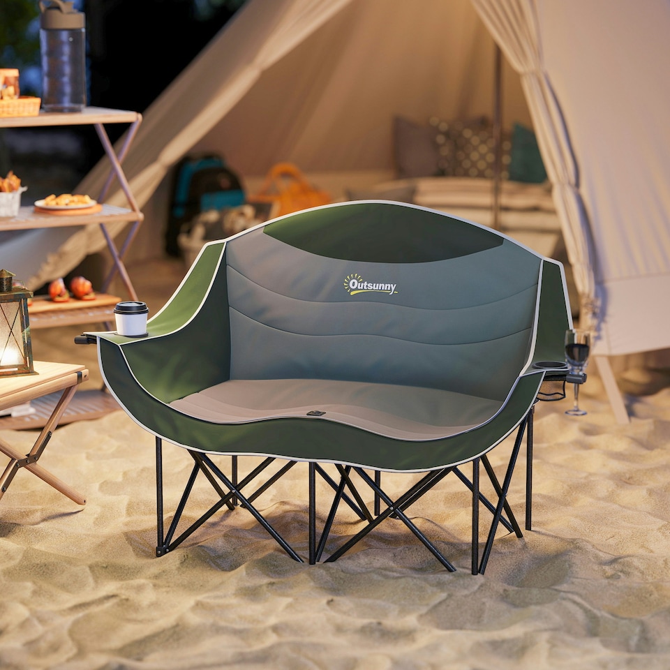 image 1 of Outsunny Double Camping Chair for Adults with Armrests, Cup Holders, Green Cream | Khaki