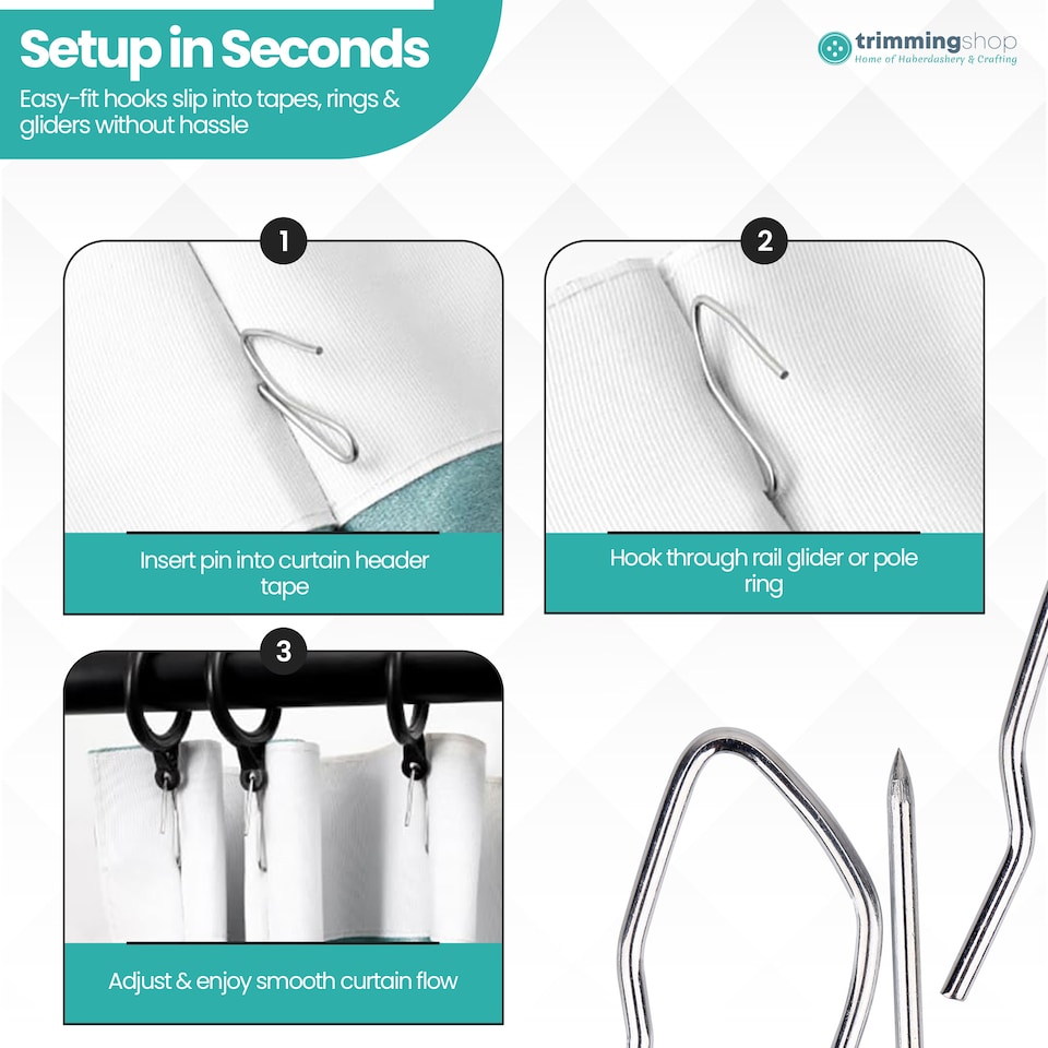 image 1 of Silver Drapery Pin Hooks, Metal Curtain Hooks - 50pcs