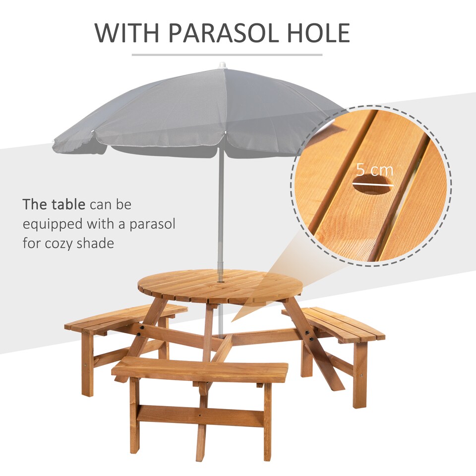 image 1 of Outsunny 6 Seater Wooden Picnic Table and Garden Benches Set, Round Garden Dining Set with 3 Benches and Umbrella Hole Outdoor Garden Park, Brownish Red
