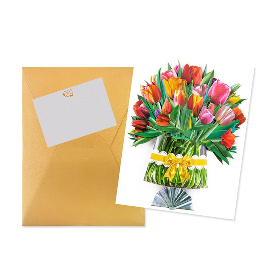 image 1 of Colorful Tulip Bouquet with Ribbon Bow Design 3D Pop Up Greeting Card