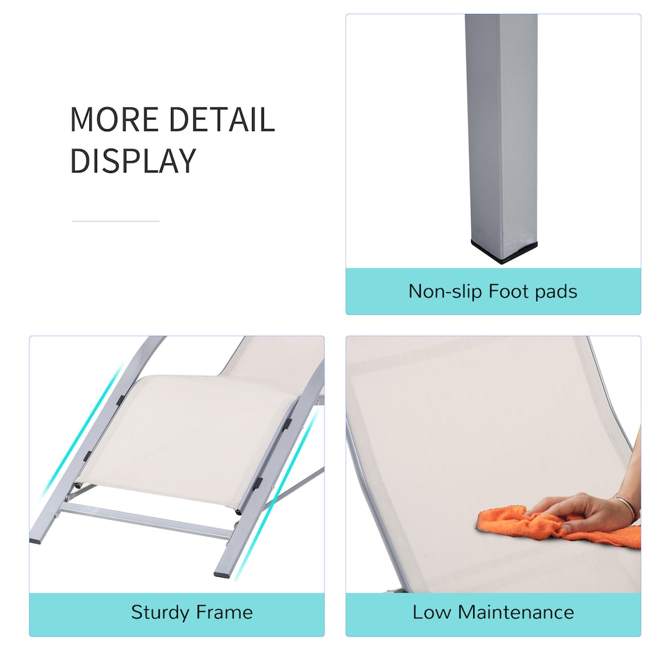 image 1 of Outsunny 3 Pieces Sun Lounger Chair Set, Metal Frame Outdoor Garden Recliner Chairs with Glass Top Side Table and Armrests for Patio, Cream White