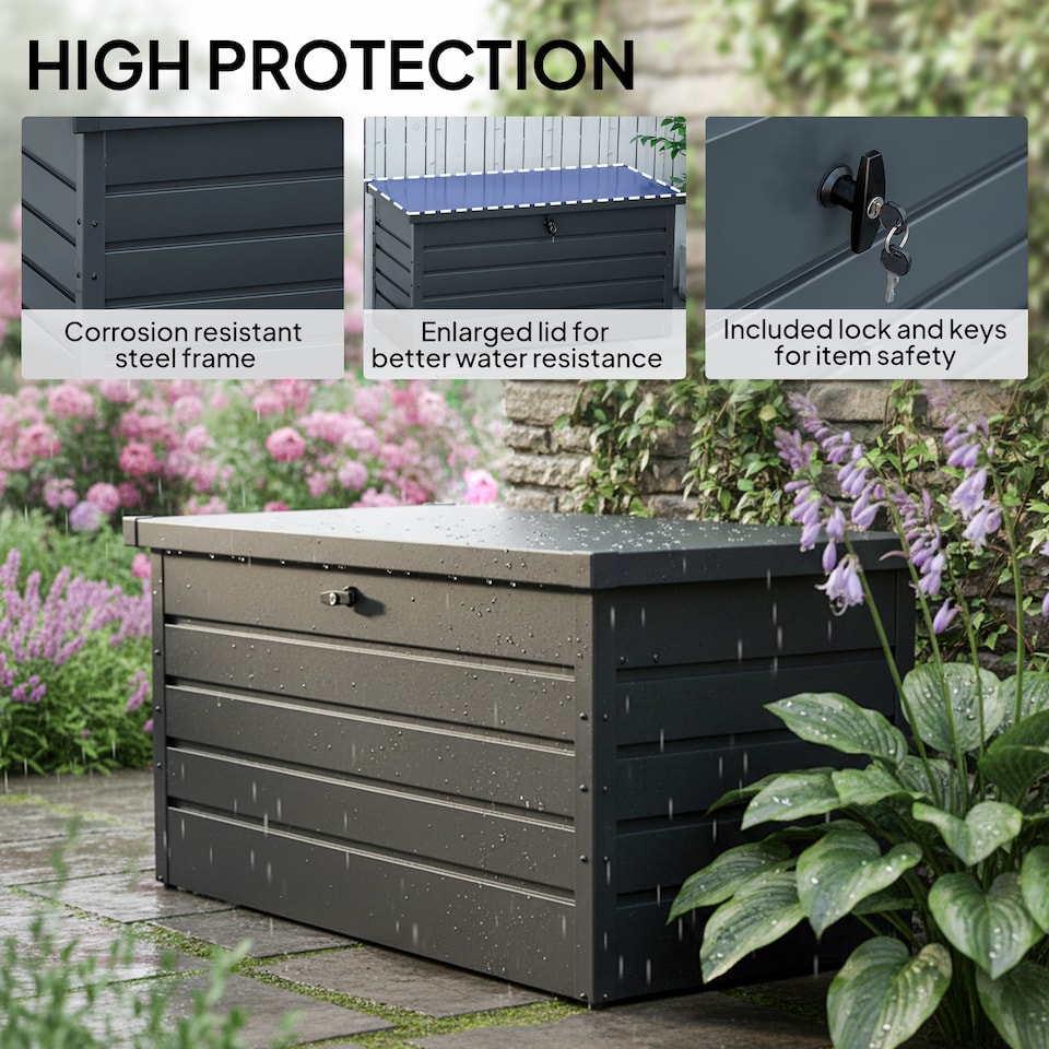 image 1 of Outsunny 311L Garden Storage Box, Outdoor Storage Box Waterproof with Lockable Lid and Gas Rods, Galvanised Steel Deck Box Container for Tools, Cushions, Accessories, Dark Grey
