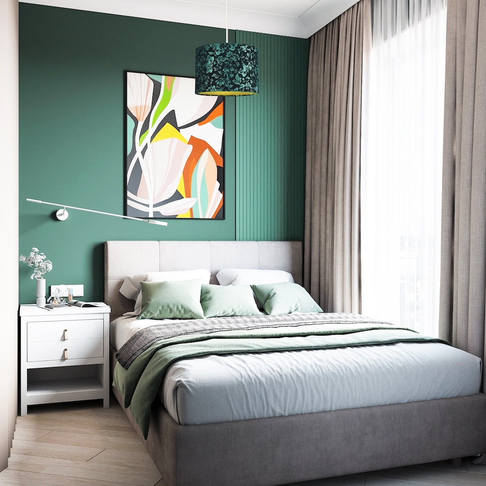 image 1 of Floral Decorated Forest and Emerald Green Velvet Fabric Shade with Inner Lining | Green