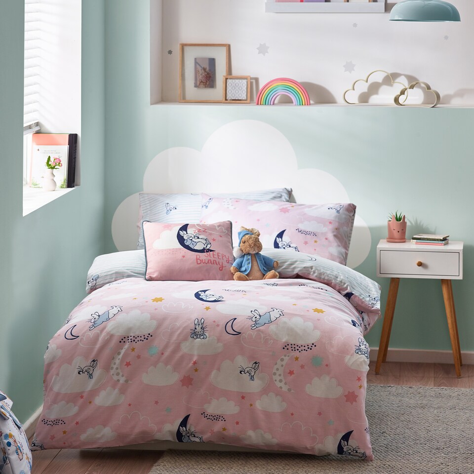 image 1 of Peter Rabbit Sleepy Head Reversible Duvet Cover Set, Pink