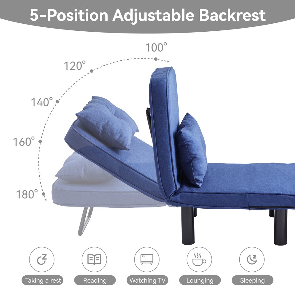 image 1 of 4 in 1 Folding Single Sofa Bed Convertible Lounge Sleeper Chair with Adjustable Backrest and Large Cushion Blue