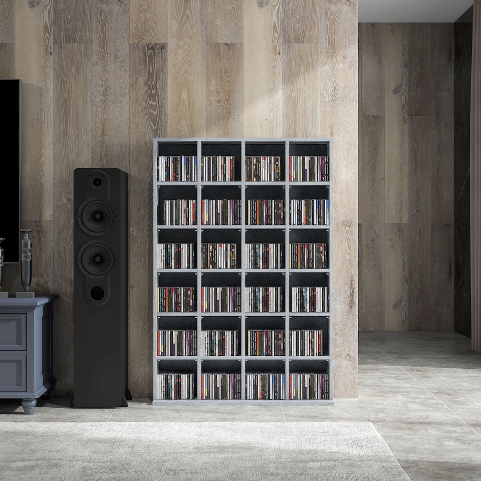 image 1 of HOMCOM 456 CD  336 DVD Storage Unit, Media Storage Shelf, Wooden Display Unit with Adjustable Shelves, 89 x 130.5 cm, Cement Grey