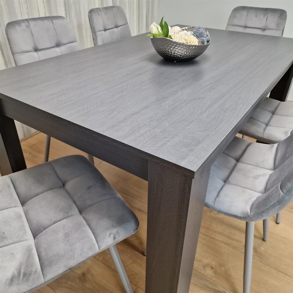 image 1 of Dining Table and 6 Chairs  Black Dark Grey 6 Grey Velvet Chairs Wood Dining Set Furniture | Grey | One Size | 7