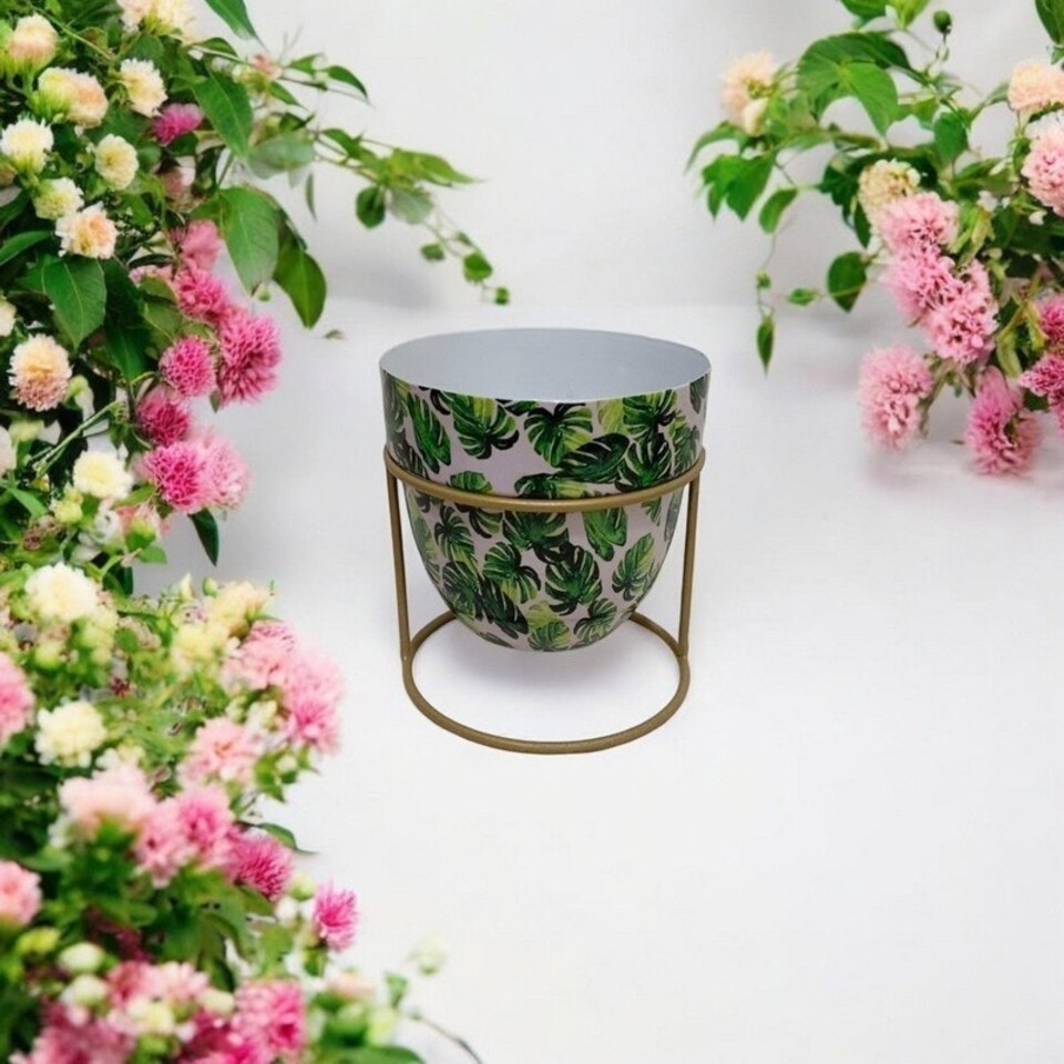 image 1 of Decorative Planter on Stand - Iron - L13 x W13 x H13 cm - Green/White Green