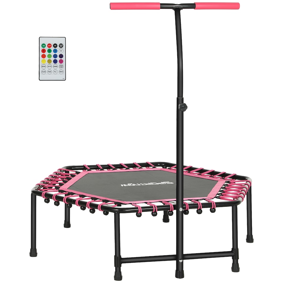 image 1 of SPORTNOW Fitness Trampoline with Adjustable Handle, LED Lights, Pink