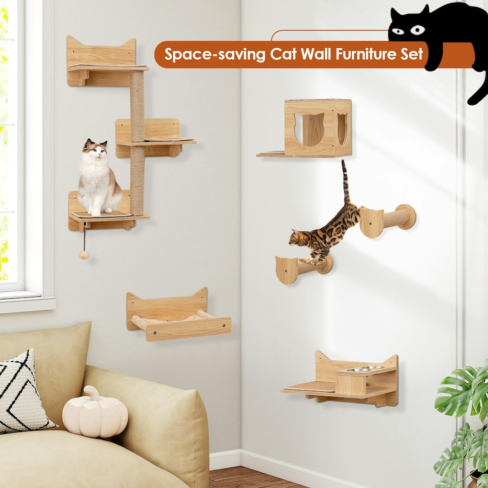 image 1 of COSTWAY 6Pcs Cat Wall Furniture Set Wall Mounted Shelves