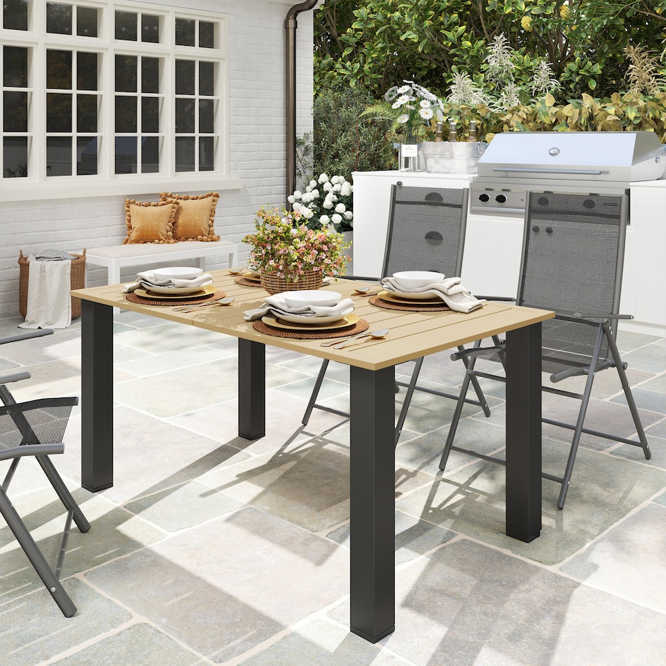 image 1 of Outsunny Garden Table with Parasol Hole, Slatted Metal Tabletop, Brown | Brown | Brown | 150L x 90W x 73H cm