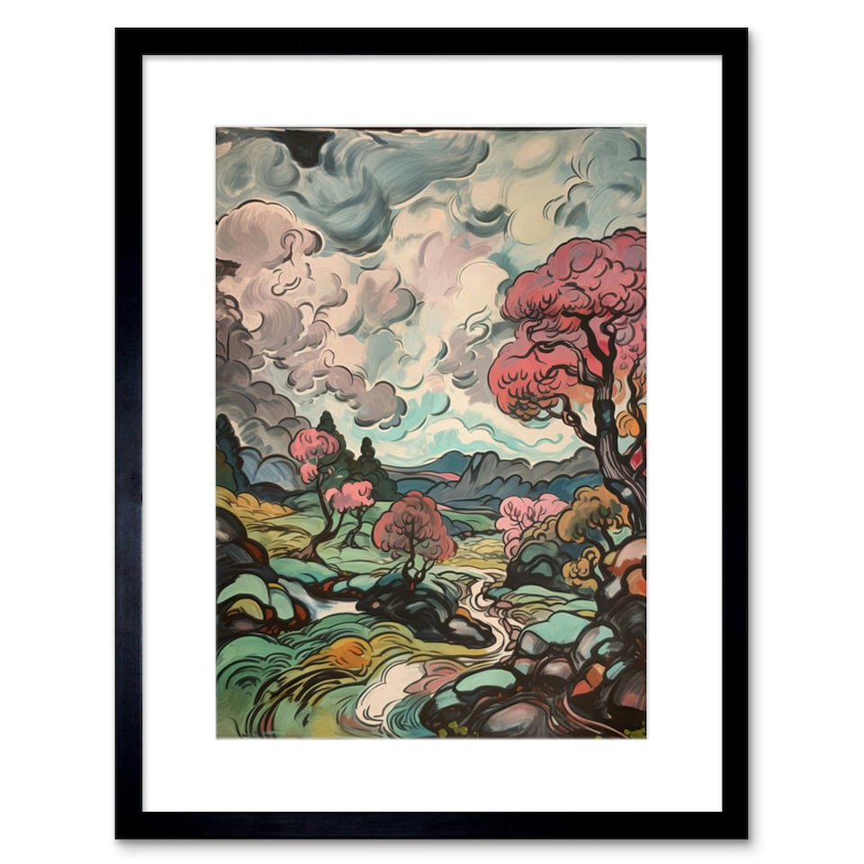 image 1 of River Landscape Pink Trees Storm Clouds 9x7" Black Framed Wall Art Print