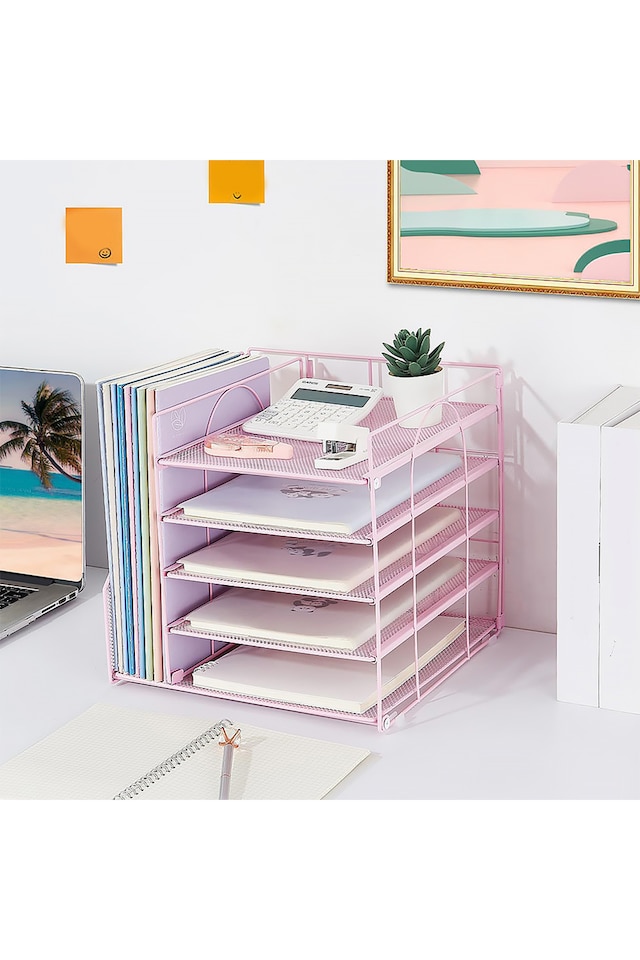 image 1 of Living and Home 5-Tier Desktop Organiser with Vertical File Sorter | Pink