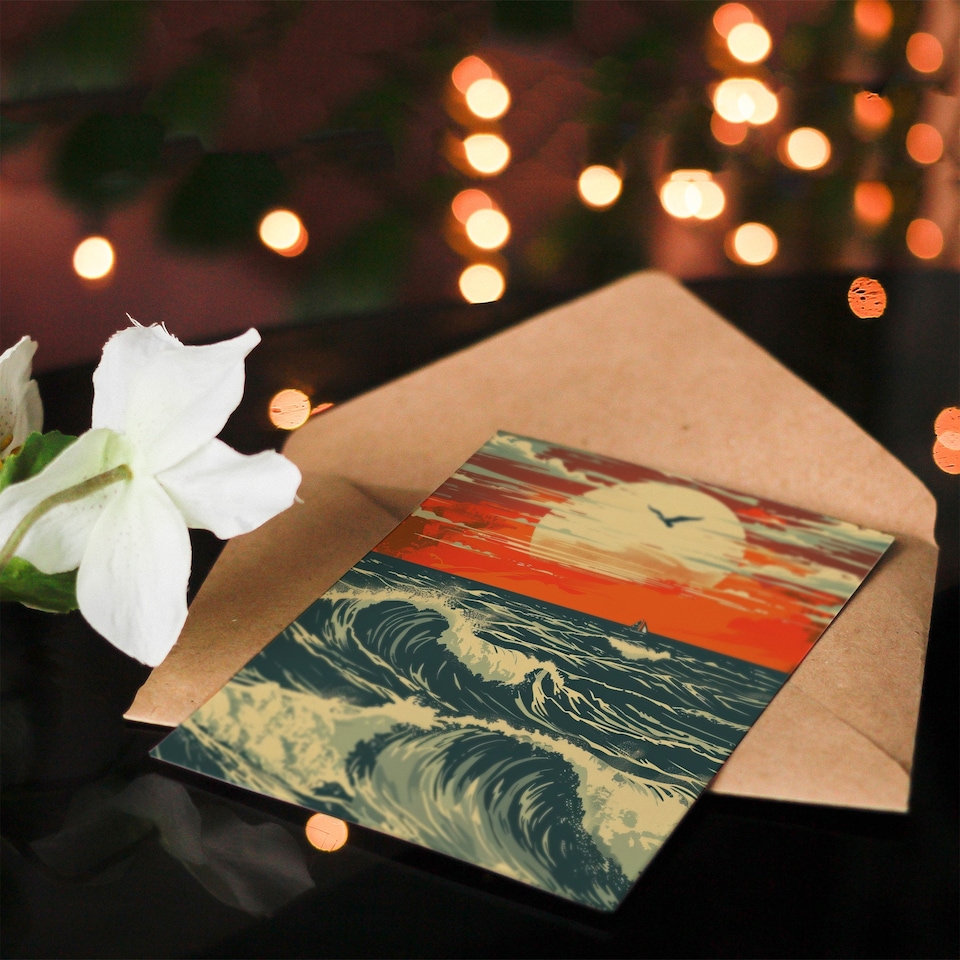 image 1 of Ocean Waves At Sunset Seascape Bird Him Her Birthday Card