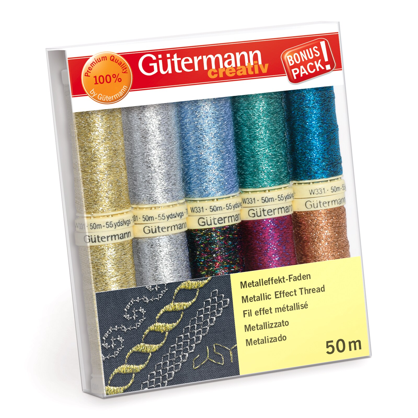 Gutermann Metallic Effect Thread Set - 10x50m Assorted Shades, Decorative Thread for Crafts & Embellishment