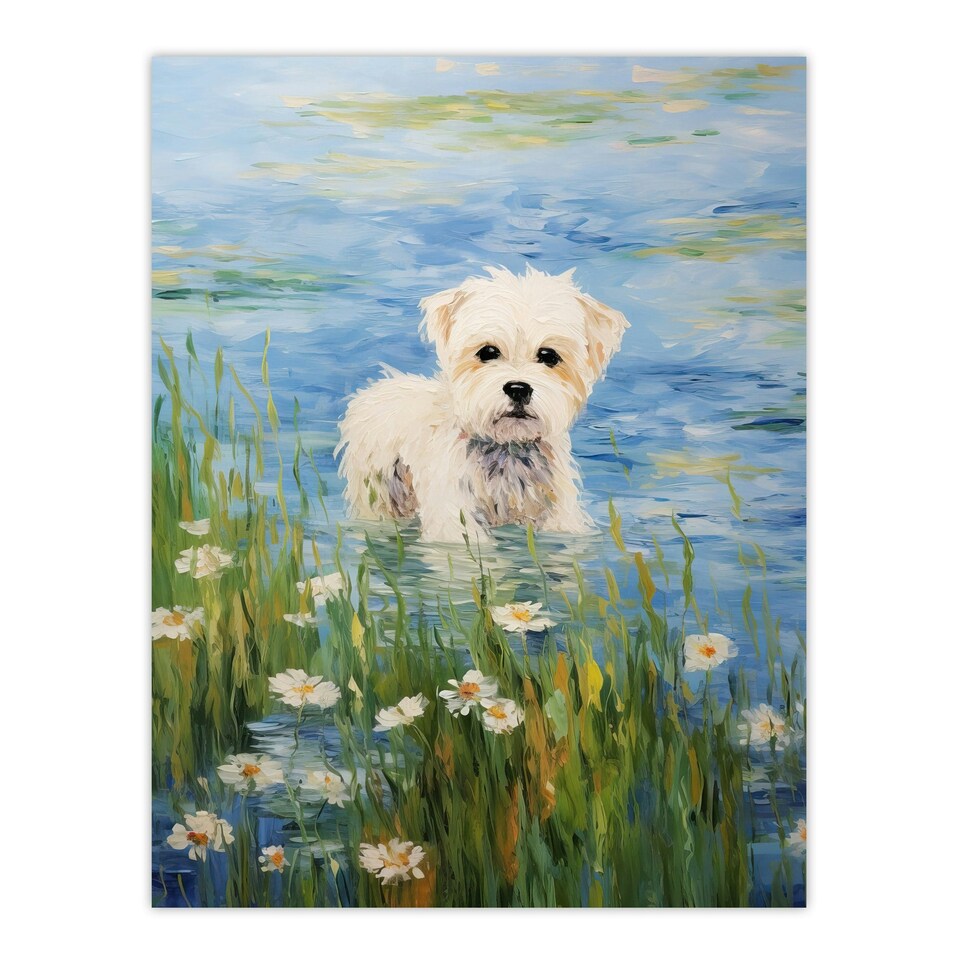 image 1 of Maltese Dog Claude Monet Style Oil Portrait Black Framed Wall Art Print A4