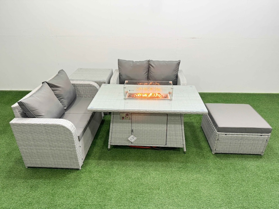 image 1 of Fimous 5 Seater Outdoor Love Sofa Set Rattan Garden Furniture Set with Firepit Dining Table Big Footstool Side Table Light Grey
