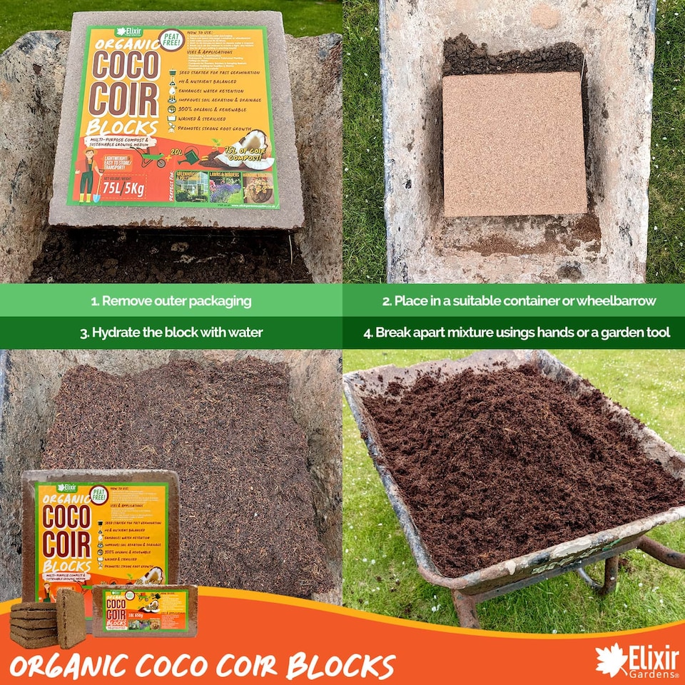 image 1 of Elixir Gardens Organic Coir Coco Compost Blocks 10L Block x9