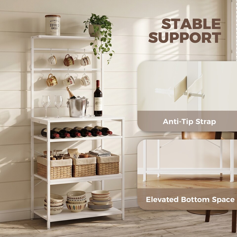 image 1 of HOMCOM Freestanding Shelving Unit with 6 Hooks and Wine Rack