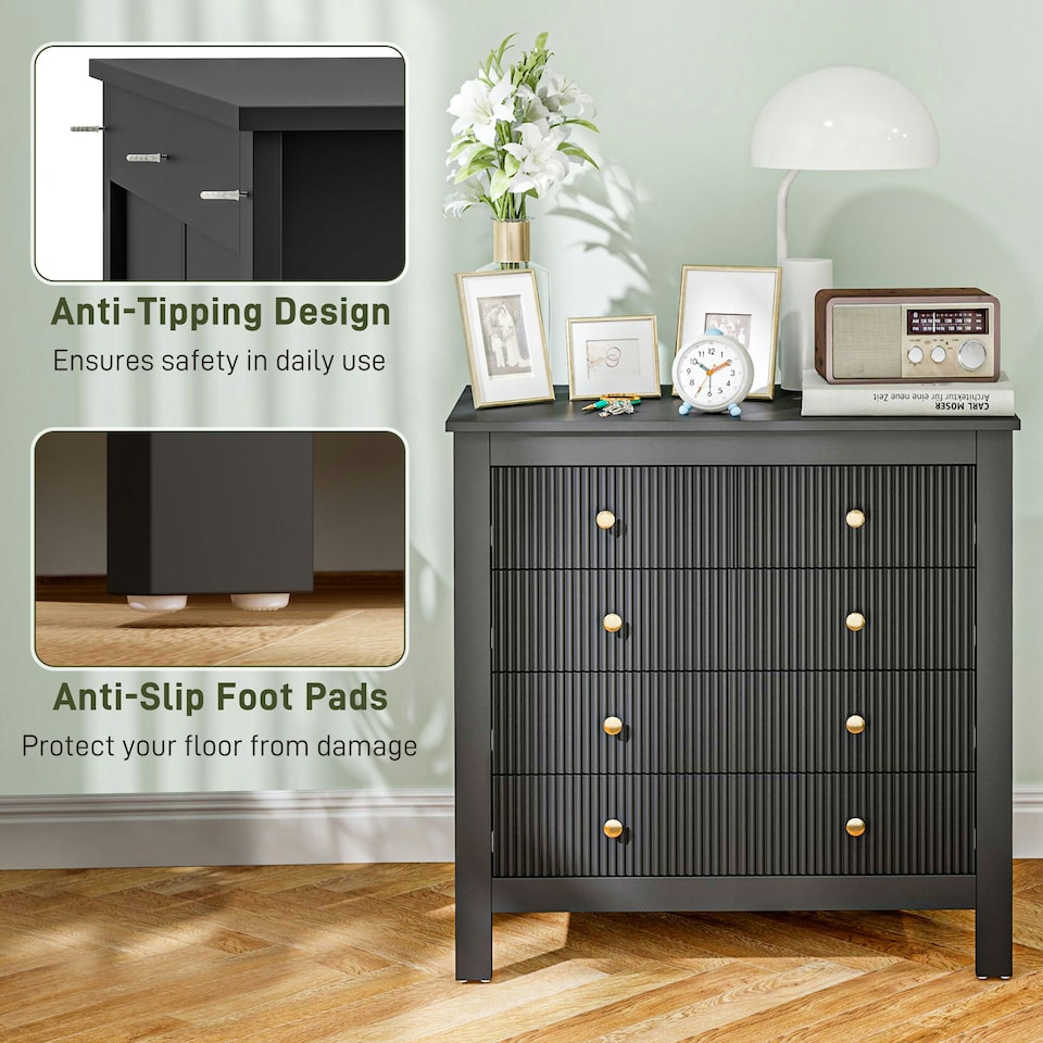 image 1 of HOMCOM Fluted Bedroom Chest of Drawers w/ 5 Drawers Gold Tone Handles Black