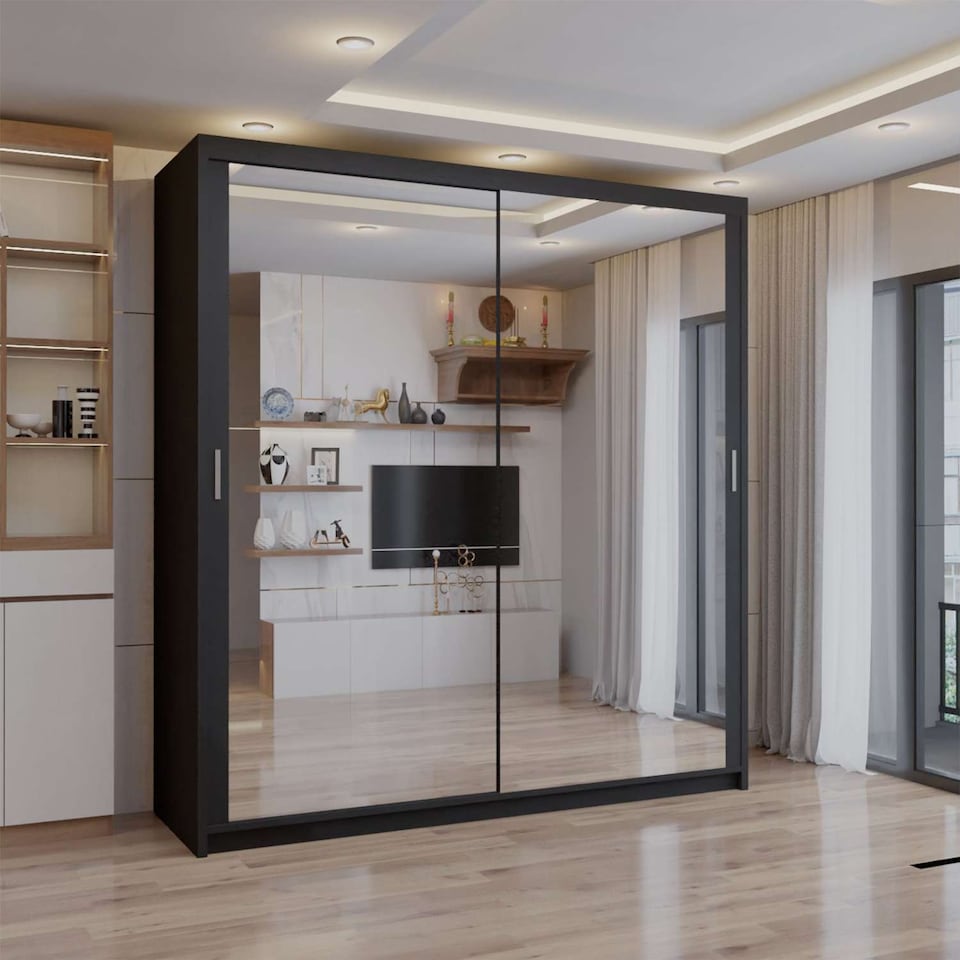 image 1 of Sliding wardrobes 4U Modern Full Mirror Sliding Door Wardrobe Multi Size (90-203cm) & Color Options | Black | Black 203cm