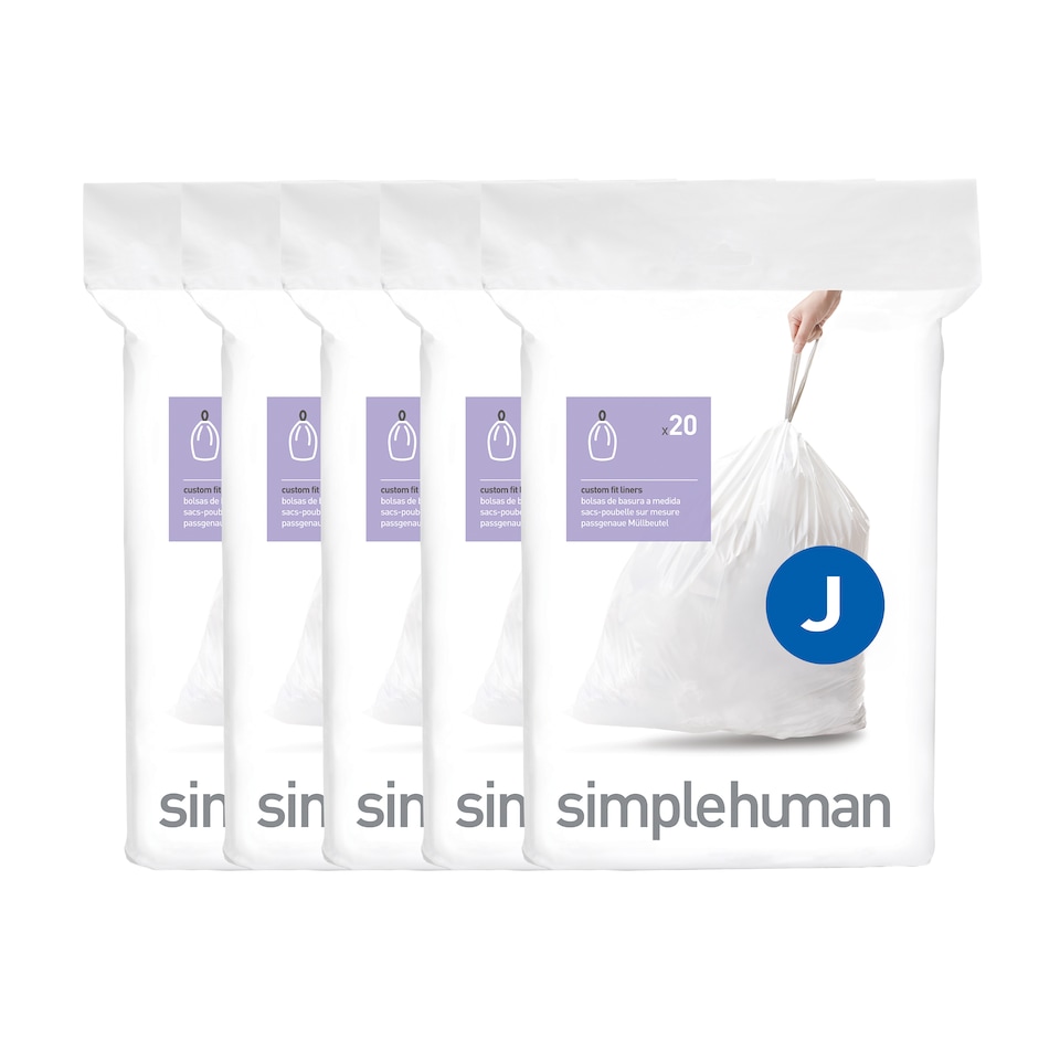 image 1 of Simplehuman 45L Code J Bin Liners, 50% Recycled Custom Fit Bin Bags, Pack of 100 | White | Code J | Code J | 5