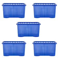 Wham Crystal 5 x 60L Stackable Plastic Storage Boxes with Lids Blue