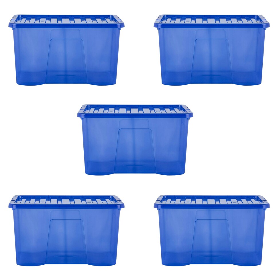 image 1 of Wham Crystal 5 x 60L Stackable Plastic Storage Boxes with Lids Blue