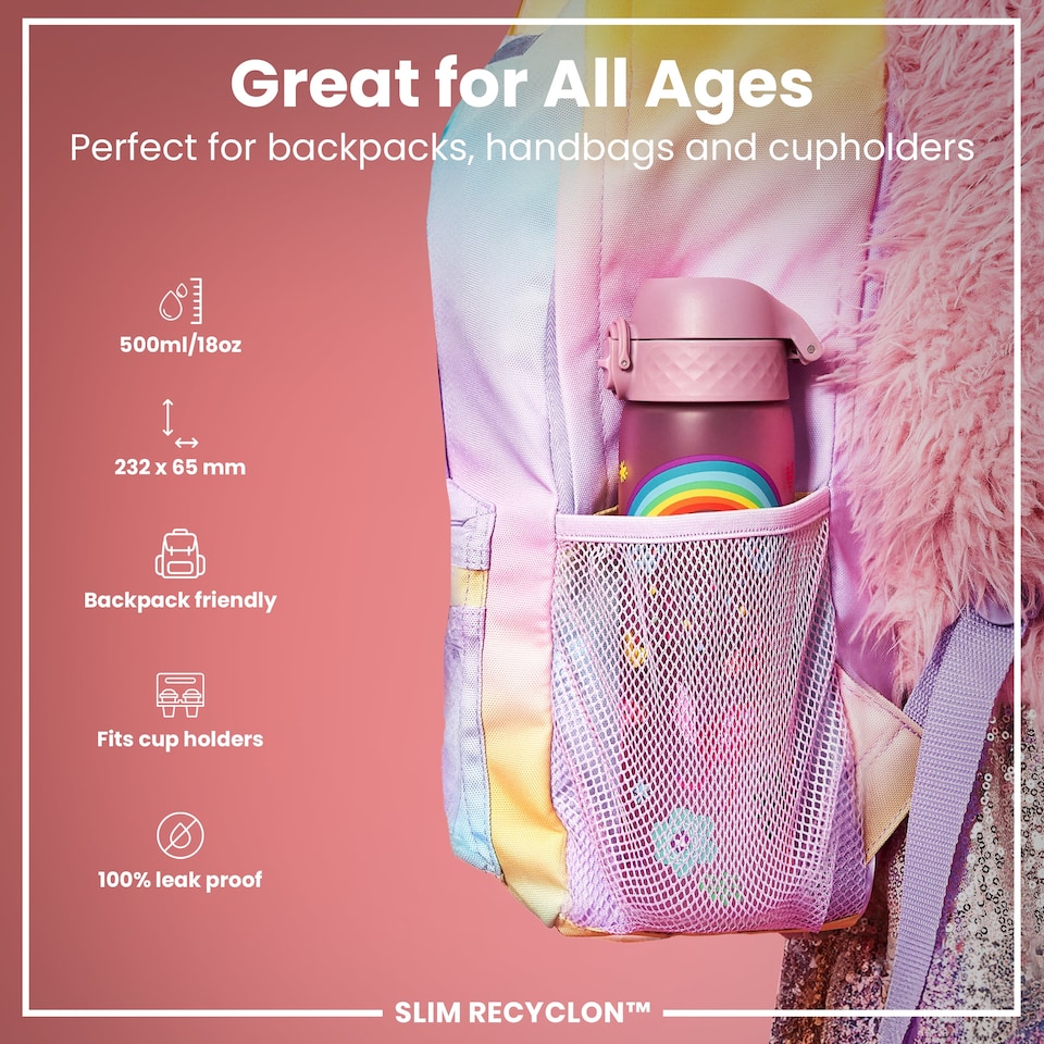 image 1 of Leak Proof Slim Water Bottle, BPA Free, 500ml (18oz) | Pink | Unicorns | One Size