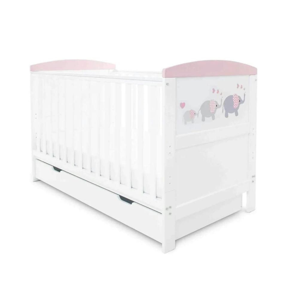 image 1 of Ickle Bubba Coleby Style Cot Bed with Under Drawer Elephant Love Pink - Premium Sprung Mattress