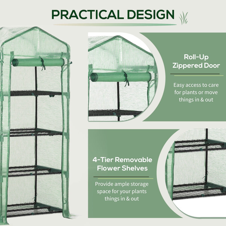 image 1 of Outsunny Mini Greenhouse 4-Tier Portable Plant House Shed w PE Cover, Green