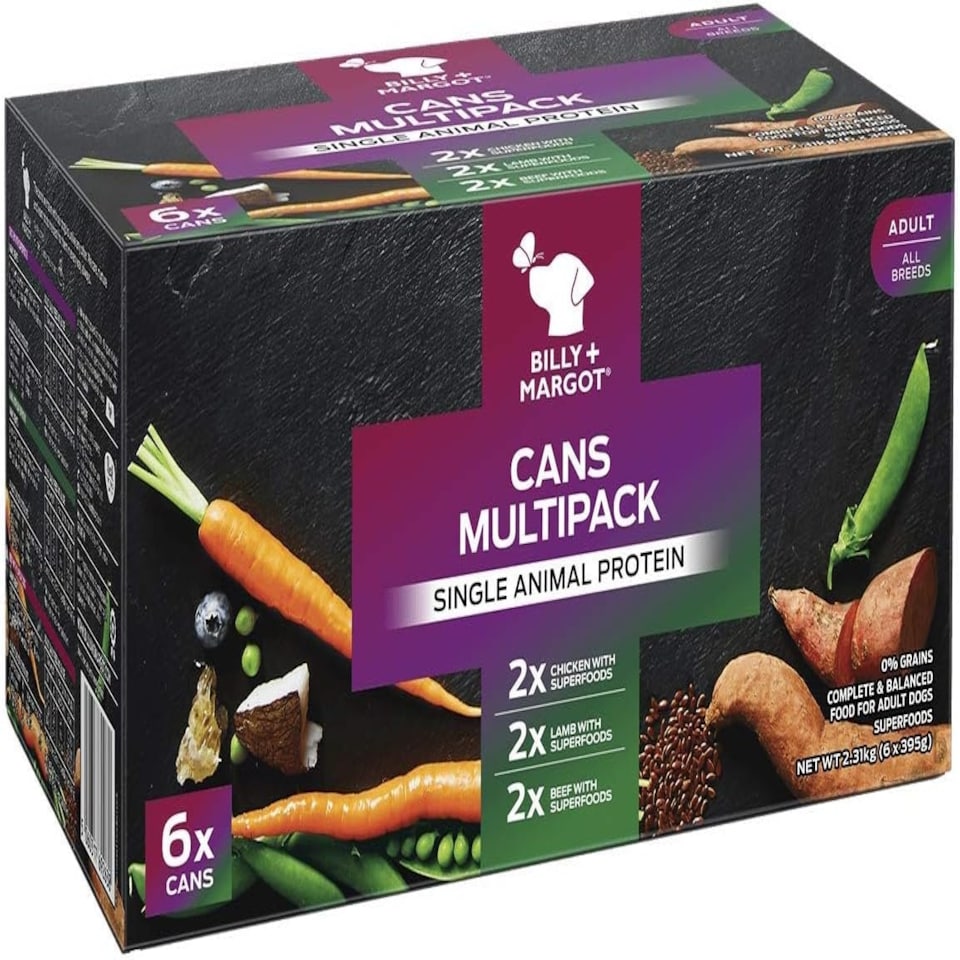 Billy + Margot Multipack Grain Free Wet Dog Food, Pack of 6 x 395g Cans, Beef, Chicken and Lamb with Superfoods for Adult Dogs