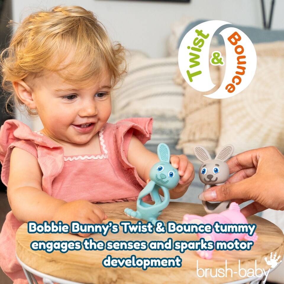 image 1 of Brush Baby Bobbie Bunny Baby Teether Toy Rose Pink | Twist & Bounce Teething Toy
