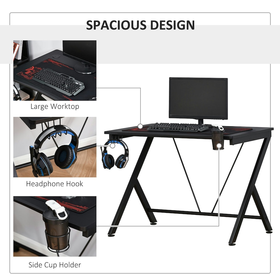 image 1 of HOMCOM Gaming Desk Computer Table with Cup Holder, Headphone Hook