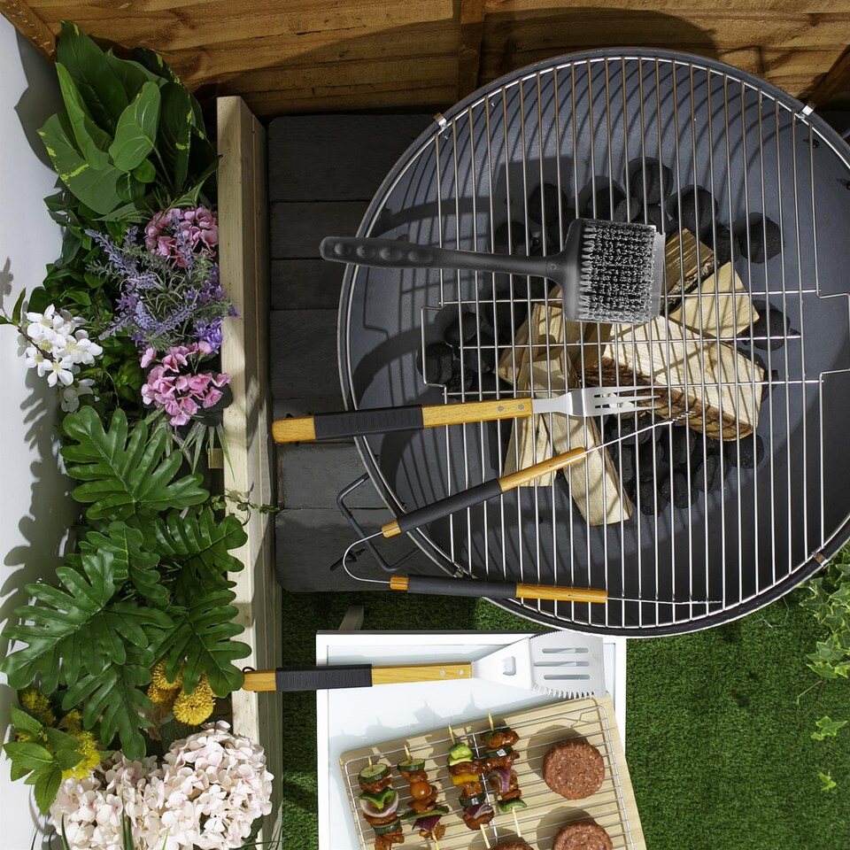 image 1 of BobbyQ Black BBQ Grill Cleaning Brush Scrubber & Scraper - Outdoor Barbecue Grilling Cleaning Barbecue Brush with Hook - 49cm